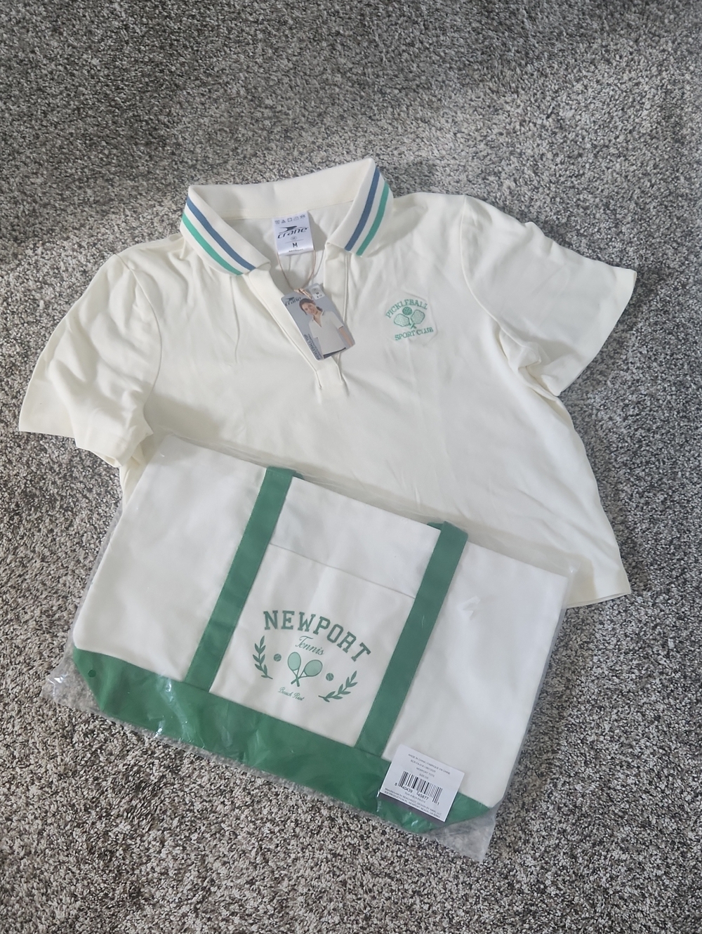 Newport Cream Polo with Green Trim and Tennis Logo